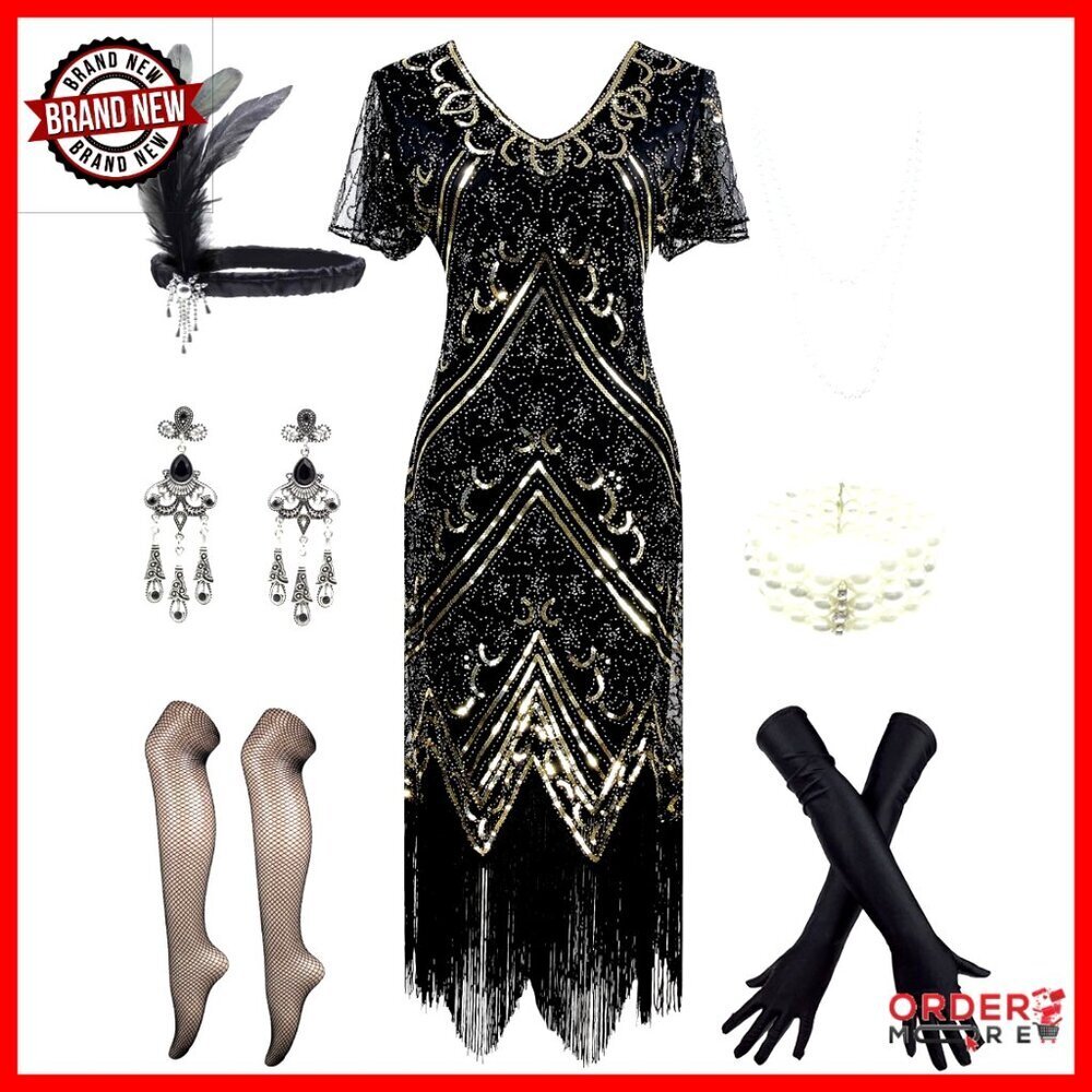 XXL Sequin Beaded Flapper Dress Set with Accessories 1920s Costume
